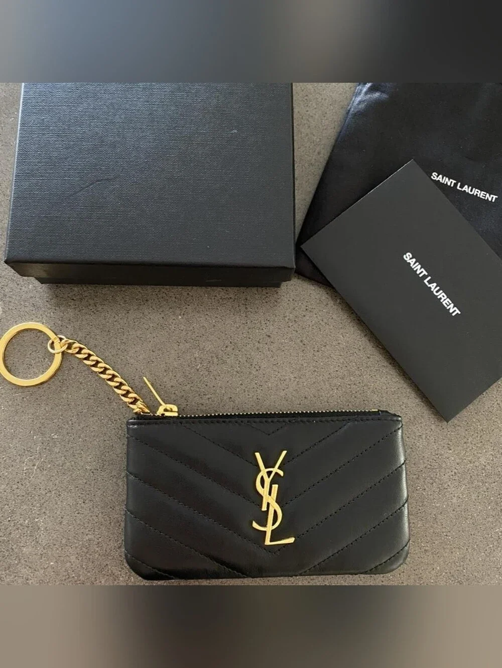 Saint Laurent Cassandre Quilted Black Key Pouch with Gold Hardware